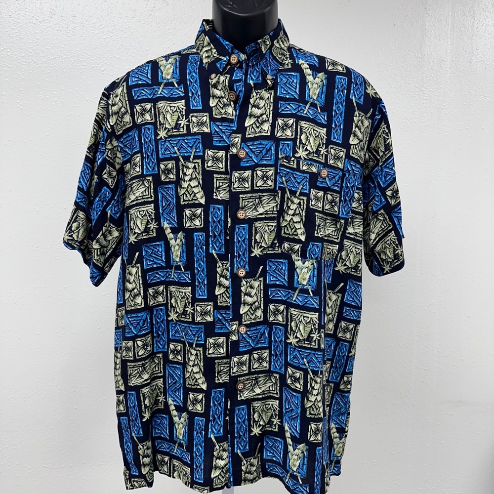 Aloha Shirt‎ Tropical Palm Tree Blue Print Button Up Short Sleeve Shirt